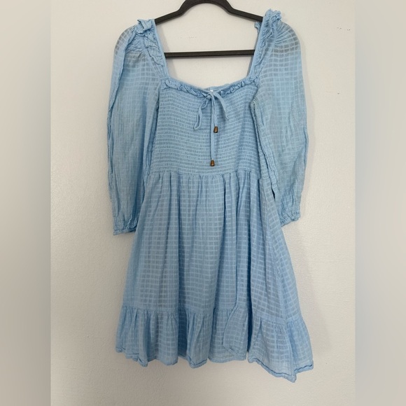 Blue Large Smocked  Swing Mini Skater Dress Tiered Square Neck Long Sleeve - Picture 2 of 4